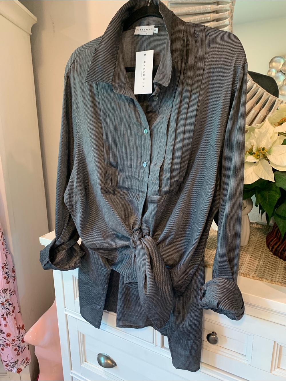 NWT Linen Charcoal Grey Poplin Button Front Blouse Originally $278